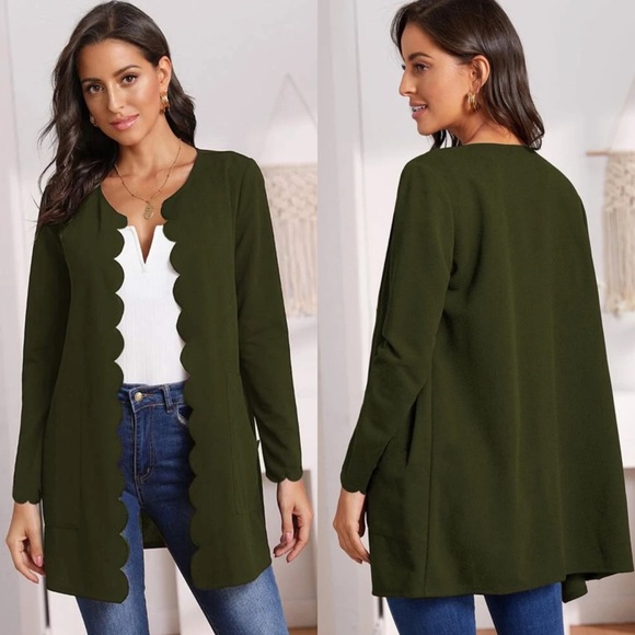 Collarless scalloped hem long line blazer jacket with pockets burgundy - Picture 5 of 6